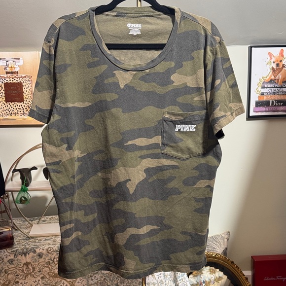 PINK Victoria's Secret Tops - Great Condition PINK Victoria's Secret Green Camouflage Tee w/PINK Graphics